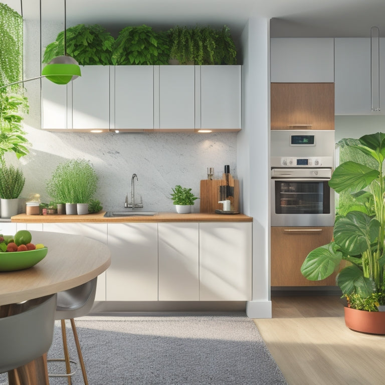 A sleek, modern kitchen featuring a circular Lazy Susan cabinet with glossy white finish, surrounded by stainless steel appliances, warm wooden accents, and vibrant green plants, all bathed in soft, natural light.