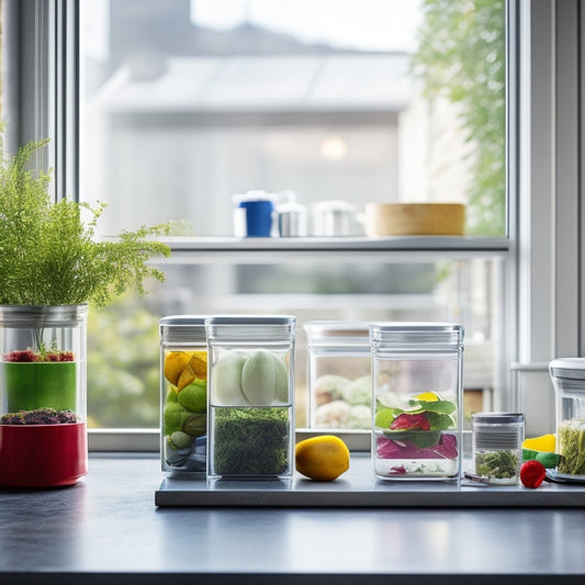 A modern kitchen scene featuring sleek, transparent stackable containers filled with colorful ingredients, neatly organized on a compact countertop, surrounded by herbs, utensils, and natural light streaming through a window.
