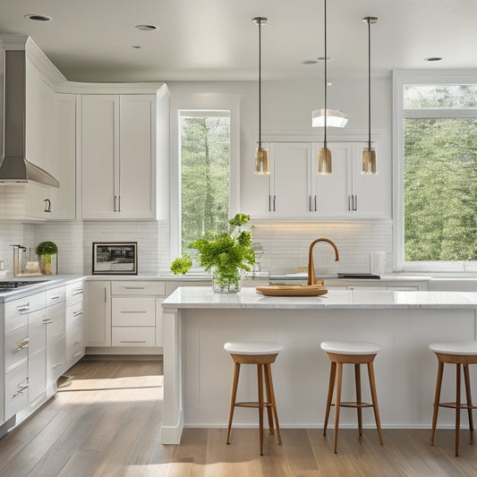 A bright, modern kitchen with sleek, white Smile Kitchens cabinetry, rich wood accents, and a large, quartz-topped island, illuminated by pendant lights and a large, floor-to-ceiling window.
