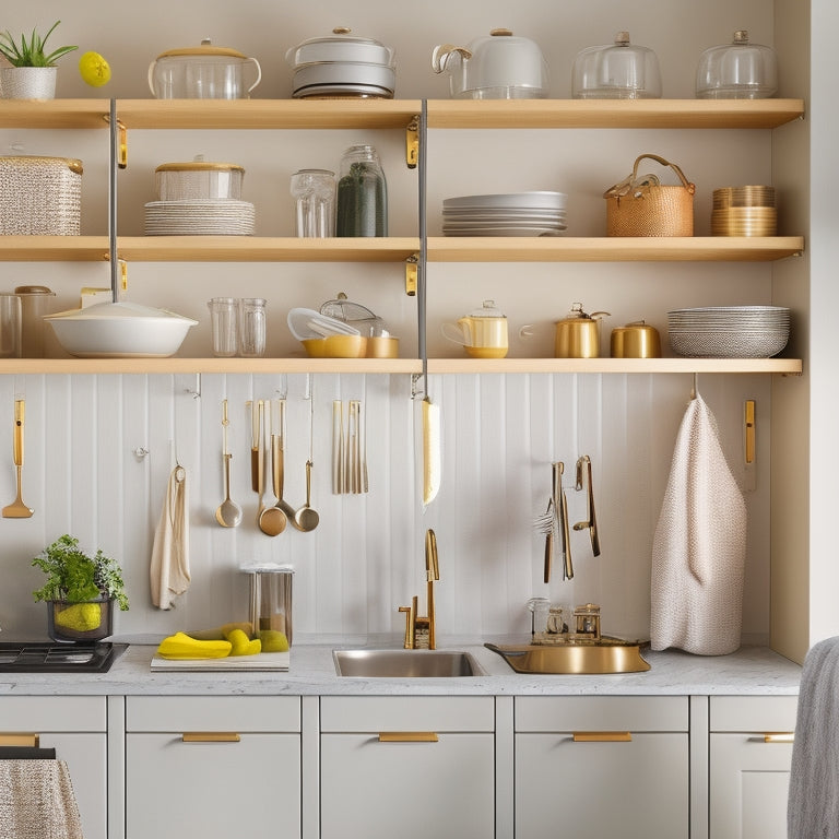 A modern, sleek kitchen with sliding drawers, pull-out shelves, and a pegboard with hanging utensils, surrounded by a warm, golden lighting that highlights the organized, clutter-free space.