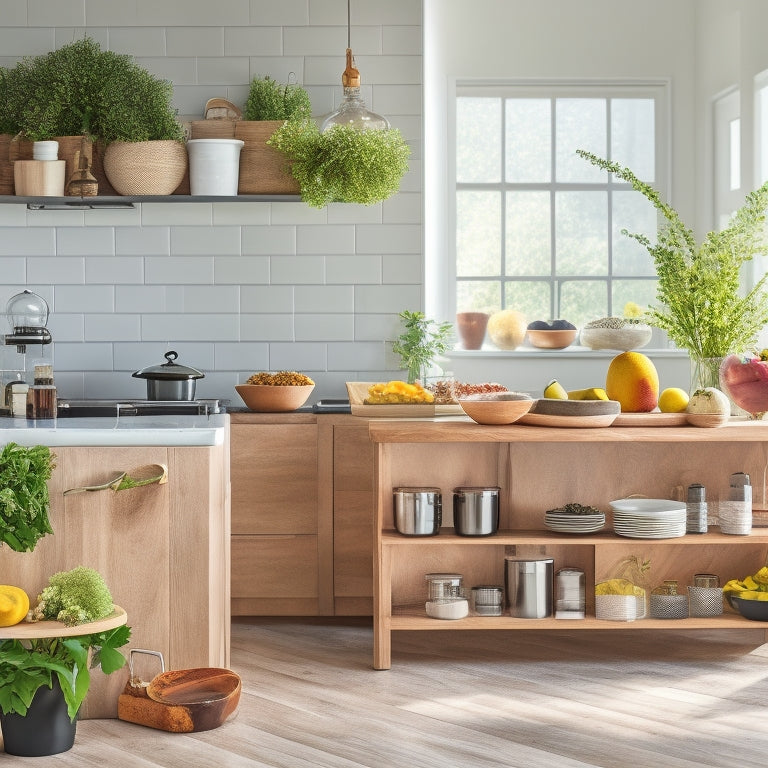 A modern kitchen island featuring organized countertop storage: stylish jars filled with spices, wooden cutting boards, vibrant fruit bowls, elegant utensils in a chic holder, and potted herbs adding greenery, all bathed in warm, natural light.