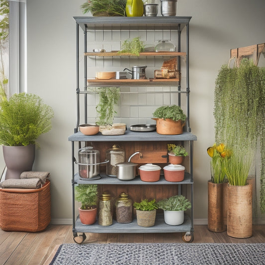 A stylized kitchen cart with open drawers and shelves, holding a mix of cooking utensils, spices, and decorative items, surrounded by a few creative repurposing examples, like a mini herb garden and a wine rack.