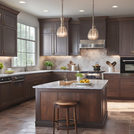 A bright, modern kitchen with warm wood tones, featuring a central island crafted from rich, dark wood, adorned with sleek metal hardware, surrounded by crisp white cabinets and polished stone countertops.