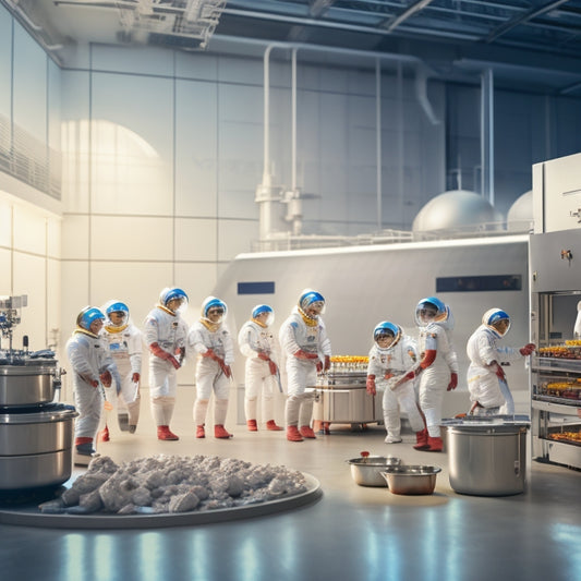 A futuristic, high-tech food processing facility on Mars, with astronauts in white suits, surrounded by stainless steel equipment, and air curtains blowing upwards, separating the clean area from the Martian terrain.