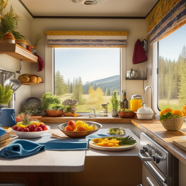 A cozy RV kitchen scene featuring sleek roll-out trays filled with colorful ingredients, pots, and utensils, surrounded by sunlight filtering through a small window, with nature visible outside.