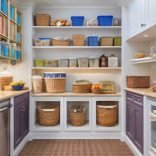 A tidy, well-lit kitchen with a dedicated allergy-friendly zone: color-coded labels on baskets, airtight containers, and a transparent pantry with a sign indicating "nut-free" and "gluten-free" sections.