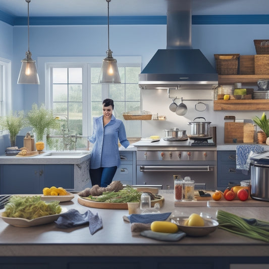 A bright, organized kitchen with sleek countertops, a large island with built-in sink, and a chef standing at a stainless steel stove, surrounded by utensils and ingredients, with a blurred background.