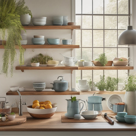 An elegant kitchen scene featuring a wooden tiered rack filled with neatly organized, colorful ceramic plates, bowls, and mugs, surrounded by fresh herbs, a cutting board, and soft natural lighting streaming through a window.