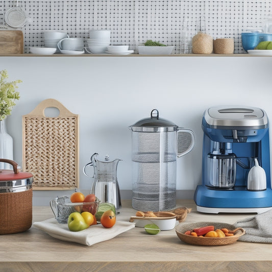 A neatly organized kitchen countertop featuring stylish small appliances like a gleaming toaster, a compact coffee maker, and a vibrant blender, surrounded by decorative storage solutions like woven baskets and sleek organizers.