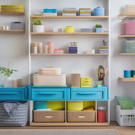 A stylized, well-lit, and minimalist workspace with 3-5 colorful, fabric-covered storage bins of varying sizes, neatly arranged on a wooden shelf, surrounded by organized craft supplies and tools.