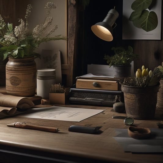 A warm, natural-lit workspace with a vintage printer, a ream of kraft paper, and a few printed sheets with botanical illustrations, surrounded by scattered paper clips and a worn wooden ruler.