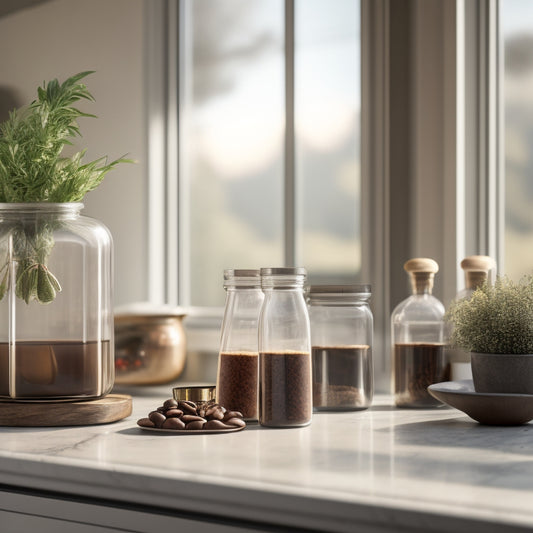 A minimalist kitchen counter with three stylish, uniquely-shaped jars in neutral tones, containing fresh herbs, coffee beans, and artisanal spices, surrounded by subtle morning sunlight.