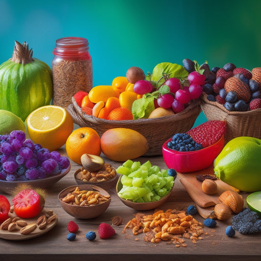A vibrant, colorful still-life composition featuring a variety of fresh fruits, nuts, and veggies arranged artfully around a few healthy snack packages, against a clean, natural wood background.