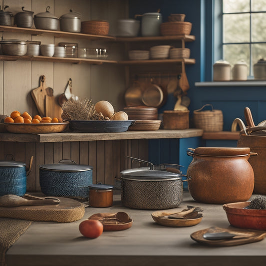 A tidy kitchen counter with a few Dutch ovens in the background, surrounded by various storage solutions such as woven baskets, wooden crates, and metal shelves with hooks.