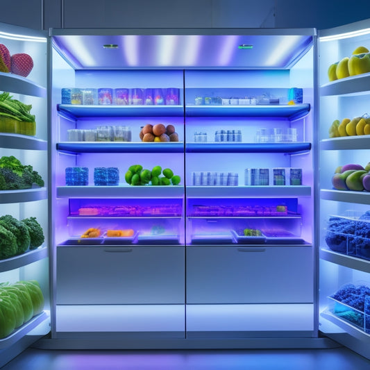 A futuristic laboratory with sleek, silver shelves and transparent containers showcasing glowing, iridescent fruits and vegetables, alongside robotic arms and holographic displays projecting 3D models of innovative food packaging.
