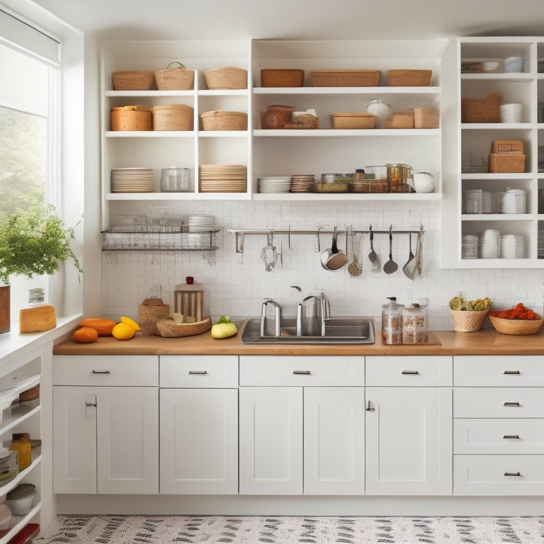 A bright, modern kitchen with sleek white cabinets, featuring a pull-out pantry with baskets, a pegboard with hanging utensils, and a tiered spice rack on the back of a door.