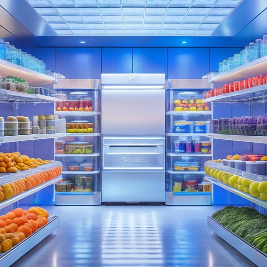 A futuristic kitchen with sleek, silver shelves and transparent containers filled with fresh produce, grains, and canned goods, surrounded by holographic displays and automated robots.