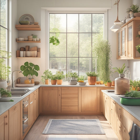A bright, airy kitchen featuring natural wood modular storage units, lush green plants, and glass jars filled with grains, surrounded by sunlight streaming through large windows, promoting an eco-friendly vibe.