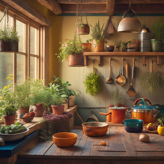 A cozy kitchen with a rustic wooden ceiling pot rack, showcasing colorful pots and pans hanging gracefully, surrounded by warm lighting, a small herb garden on the windowsill, and an inviting atmosphere.