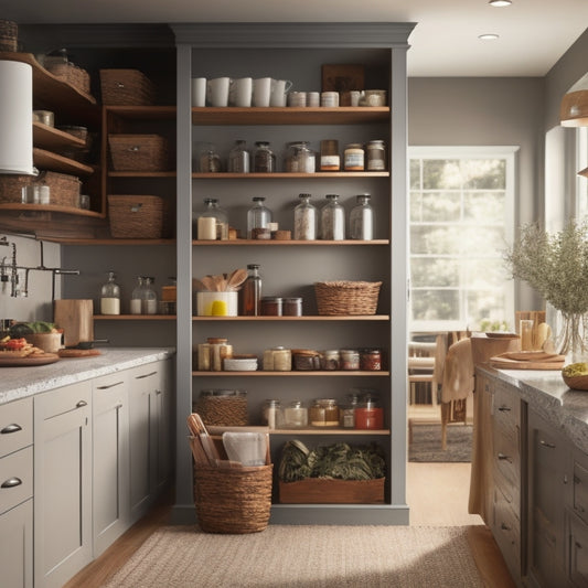 A spacious kitchen with tall cabinets, featuring sleek sliding pantry drawers overflowing with organized jars, spices, and canned goods. Warm wood tones, modern hardware, and soft lighting create an inviting atmosphere.