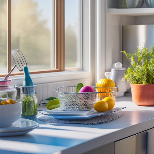 A sleek, modern expandable dish rack nestled in a sunlit corner countertop, surrounded by colorful dishes and utensils, with a plant in the background, showcasing the efficient use of space and organized kitchen aesthetics.