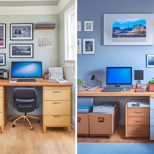 An image featuring a split-screen comparison: a cluttered home office with a DIY printer and scattered papers on one side, and a sleek, modern professional print shop with organized workstations on the other.