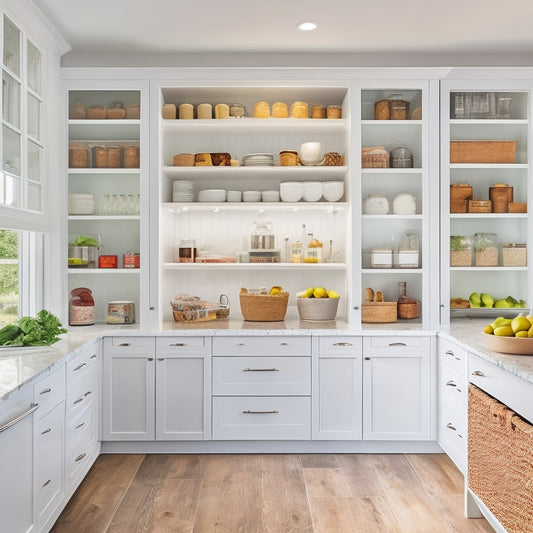 A bright, modern kitchen with sleek white cabinets, a large island, and a walk-in pantry with transparent glass doors, showcasing neatly organized shelves with colorful, blank labels and matching baskets.