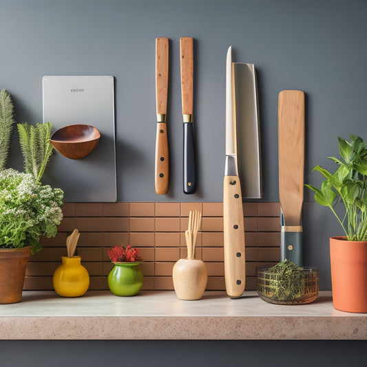 A modern kitchen featuring a sleek, wooden magnetic knife rack adorned with an array of colorful, artisanal knives, set against a backdrop of vibrant herbs in pots, warm lighting, and minimalist decor elements.