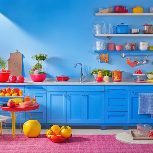 A brightly colored kitchen with sleek roll-out trays designed for wheelchair users, showcasing easy access to utensils and ingredients, featuring a vibrant arrangement of fresh produce and cooking tools, all set against a warm, inviting backdrop.