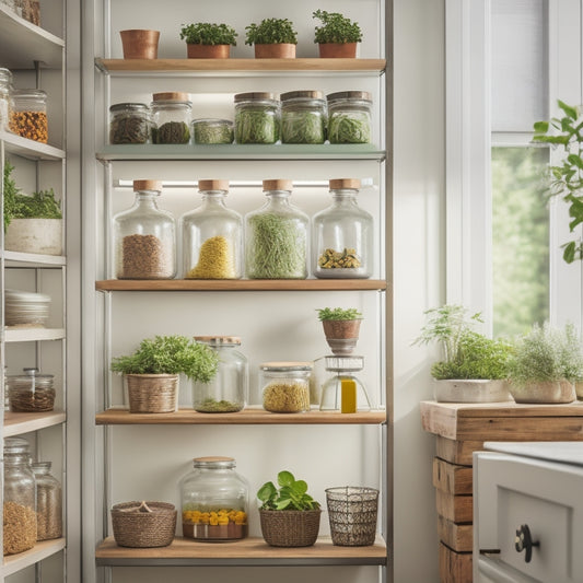 An organized kitchen corner cabinet featuring tiered shelving with neatly arranged glass jars, colorful spices, and stacked pots. Soft lighting highlights the space, showcasing a small potted herb for a touch of greenery.