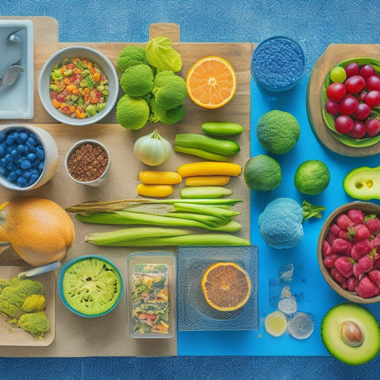 A vibrant, overhead shot of a kitchen counter with a variety of colorful, portioned snacks in glass containers, surrounded by utensils, a cutting board, and a few fresh fruits and vegetables.