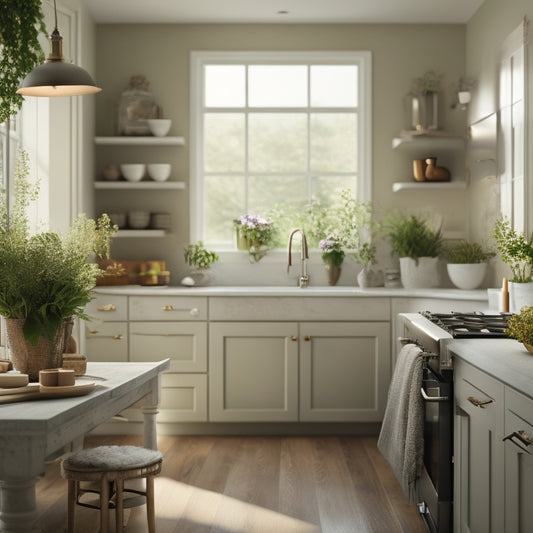 A serene kitchen with empty countertops, a few strategically placed appliances, and a single, delicate vase with fresh greenery on a clutter-free island, surrounded by soft, warm lighting.