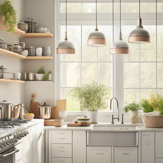 A modern kitchen showcasing a sleek, adjustable hanging pot rack filled with various cookware. Soft natural light filters through a nearby window, highlighting the organized pots and pans against an elegant backdrop of white cabinetry.