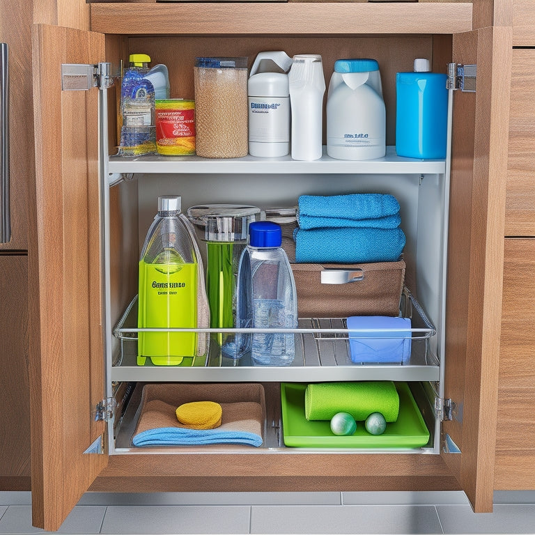 A bright, modern under-sink cabinet reveals sleek pull-out organizers filled with cleaning supplies, neatly arranged. Smooth wood and chrome finishes reflect soft light, showcasing a tidy space with vibrant colors and practical design.