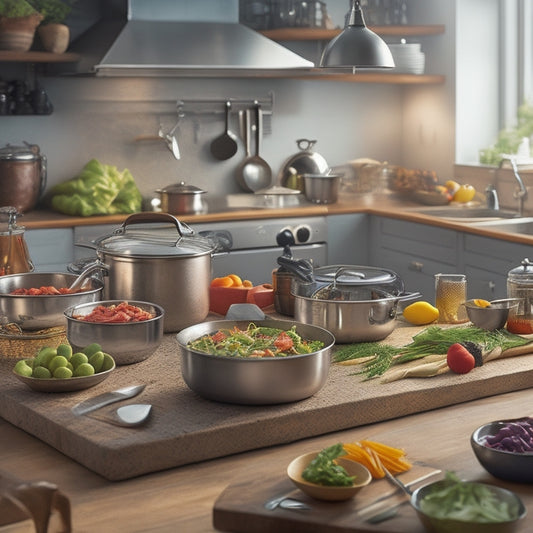 A bustling kitchen scene with a stainless steel counter cluttered with shortcuts: pre-chopped veggies, jarred sauces, and pre-cooked meats, surrounded by utensils, pots, and pans in warm, golden lighting.