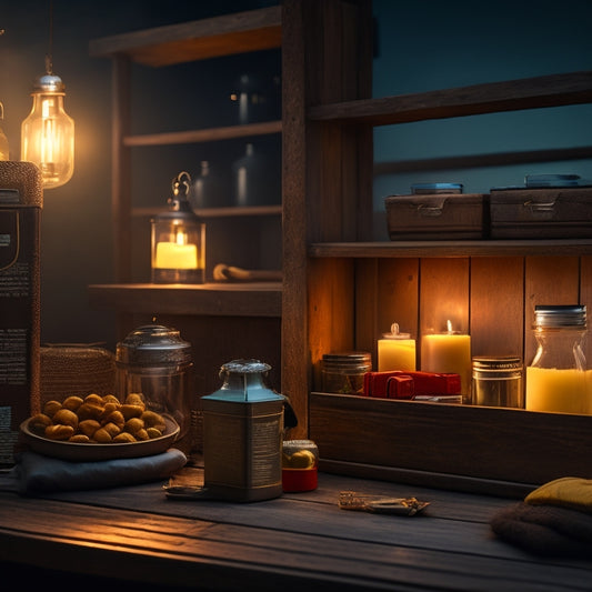 A dimly lit, rustic wooden shelf filled with neatly stacked, airtight containers, surrounded by lanterns, flashlights, and a first-aid kit, set against a blurred, stormy outdoor background.