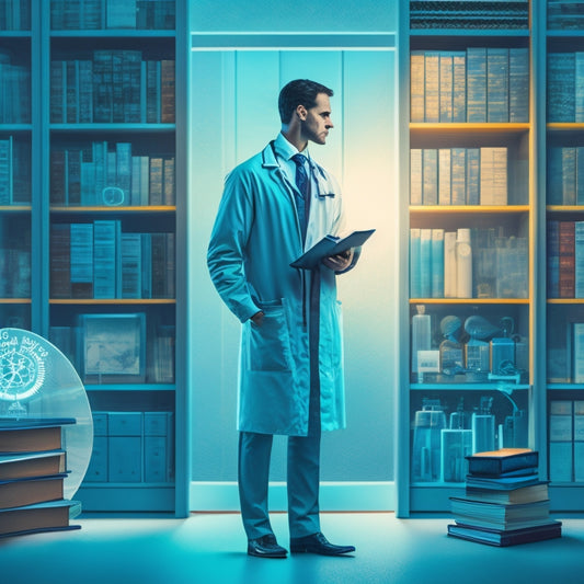 A stylized illustration of a researcher in a lab coat standing in front of a large, open book with human silhouettes and medical symbols etched into the pages, surrounded by subtle hints of lab equipment and microscopes.