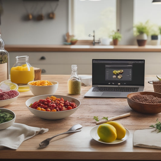 A colorful, modern kitchen background with a large, wooden table in the center, surrounded by various healthy food ingredients, meal planning sheets, and a laptop with a meal planning template on the screen.