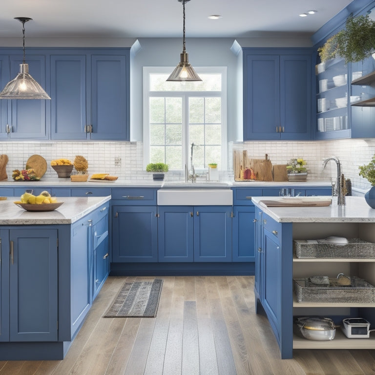 A bright, modern kitchen with sleek countertops, featuring a wall of floor-to-ceiling cabinets with pull-out drawers, shelves, and baskets, and a central island with built-in utensil organizers and a sink.