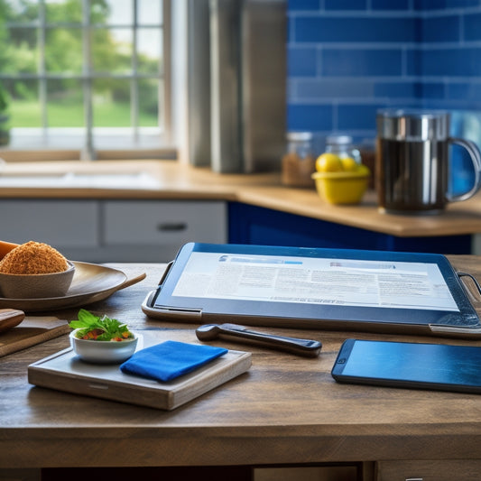 A tidy kitchen counter with a laptop, a tablet, and a smartphone, surrounded by recipe printouts, a kitchen scale, a wooden spoon, and a few utensils, with a blurred cooking background.