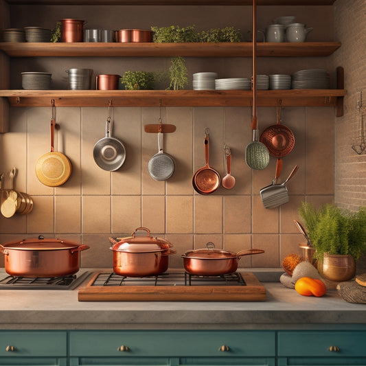 A cozy kitchen scene featuring various pot racks: a wooden wall-mounted rack with copper pots, a sleek stainless steel hanging rack above a kitchen island, and a vintage wrought iron rack with herbs and utensils.