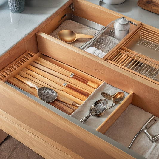 A serene kitchen drawer interior with custom dividers, neatly arranged utensils, and a soft, warm lighting effect, showcasing a clutter-free space with a subtle hint of wood and steel accents.