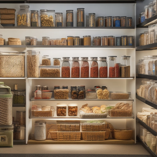 A serene, organized emergency pantry with stacked, airtight containers filled with various ReadyWise meals, surrounded by lanterns, first aid kits, and a water filtration system, against a calm, natural background.