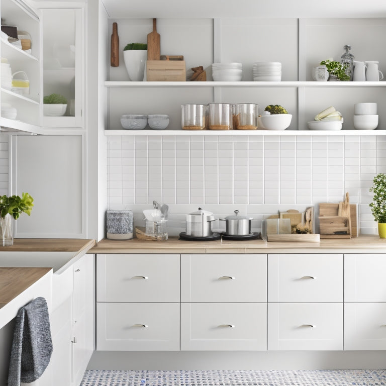 A kitchen with sleek, white cabinets and minimalist hardware, featuring a combination of pull-out shelves, lazy susans, and tiered storage units, with utensils and cookware neatly organized and visible.