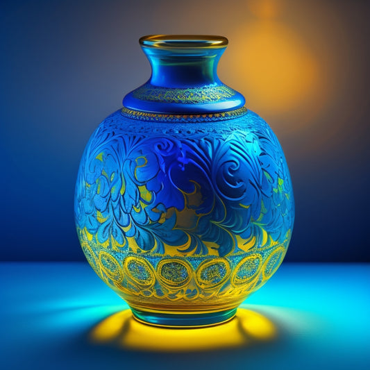 Generate an image of a luminous, cobalt blue glass jar with an intricate, swirling pattern, placed against a bright, sunny yellow background, casting a soft, warm shadow.