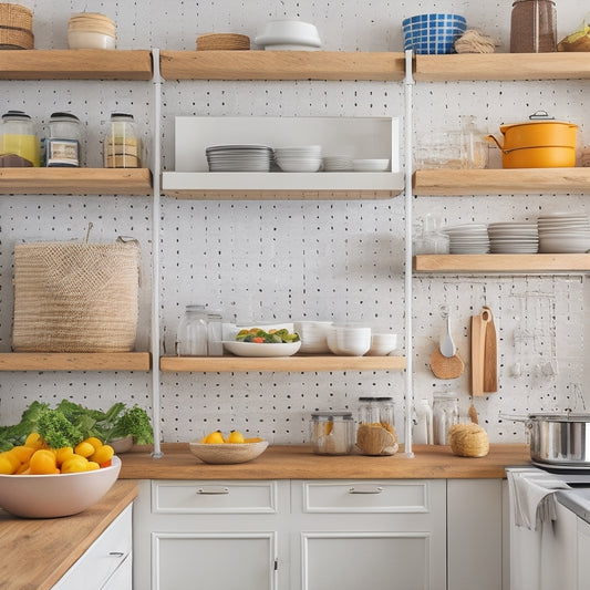 A bright, modern kitchen with sleek white cabinets, featuring a pull-out pantry with baskets, a utensil organizer on the countertop, and a pegboard on the wall with hanging cookware.