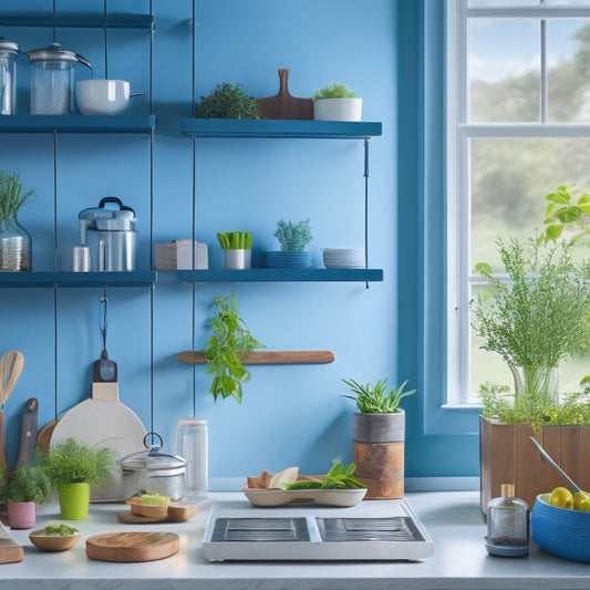 A modern kitchen scene featuring sleek, foldable shelves adorned with stylish utensil holders. Show vibrant cooking utensils in various colors, fresh herbs in pots, and a bright window illuminating the organized space.