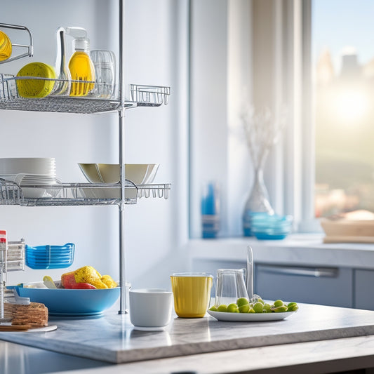 A sleek, modern expandable dish rack in a bright, airy kitchen, showcasing additional storage shelves filled with colorful dishes, utensils, and kitchen gadgets, surrounded by soft natural light filtering through a window.