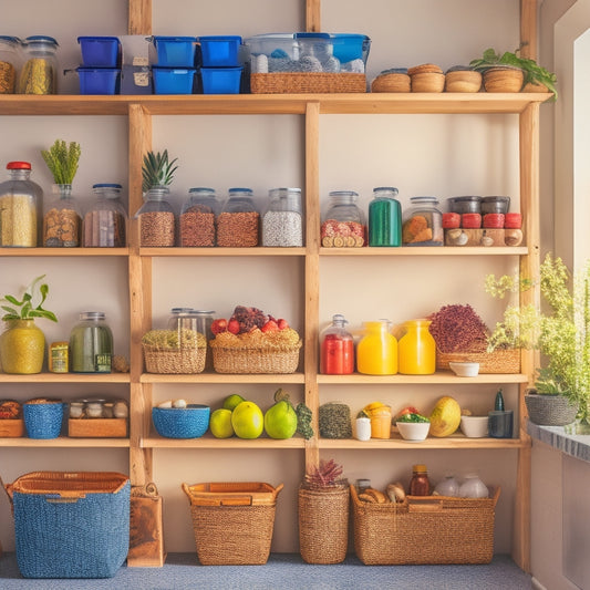 A cozy kitchen featuring open shelves filled with jars, labeled bins, and hanging pots; a compact, multi-tiered organizer in a corner; vibrant fruits in a basket, and a magnetic spice rack on the wall.