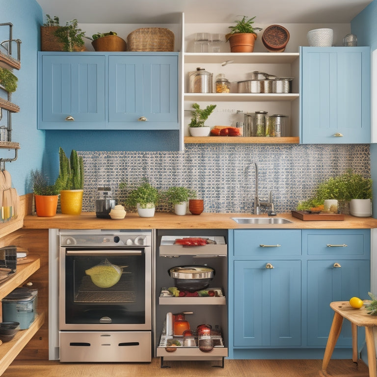 A clutter-free, modern tiny kitchen with a petite refrigerator, compact oven, and sleek countertops, showcasing a pegboard with hanging utensils, a slide-out spice rack, and a utensil organizer above the sink.